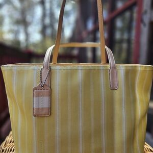 Coach Yellow and White Stripe Canvas Tote with Leather Trim